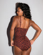 Model is in Lushy Hipster Full Coverage Shapewear Swimsuit - Modern Leopard back view