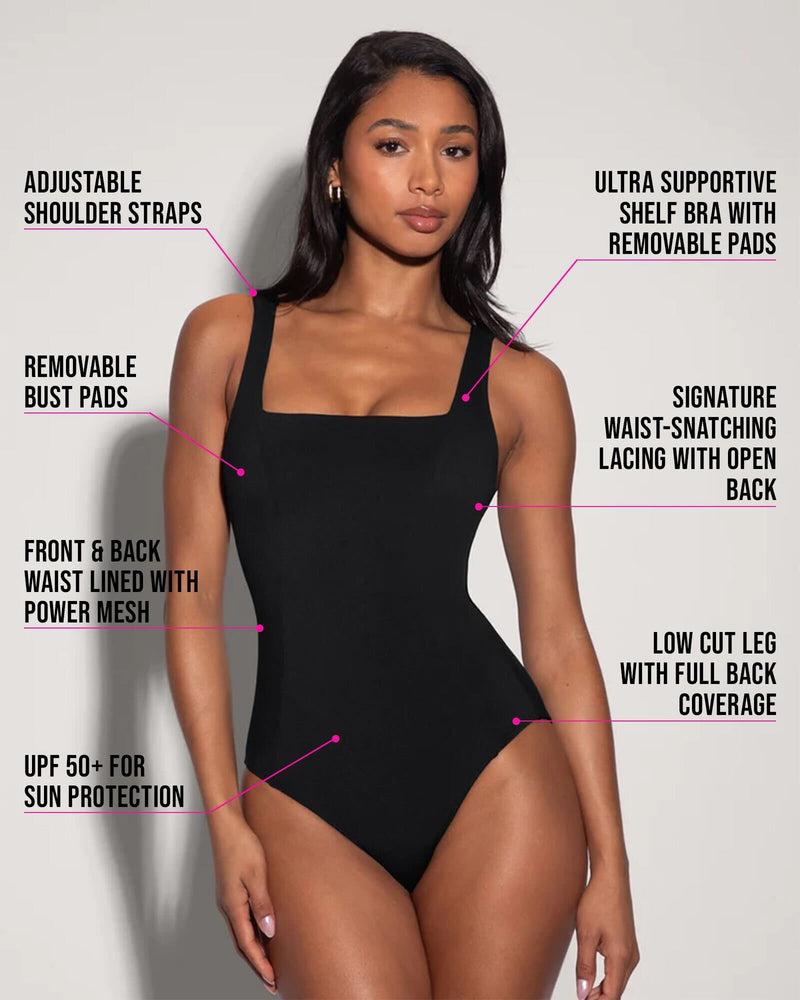 Diagram of Squarey - Black tummy control swimsuit shaping panels
