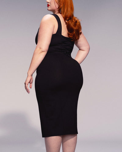 XL Size Model Wears Notchy Pencil Front Slit Shapewear Dress - Black Back View