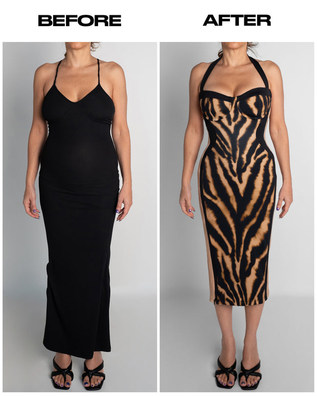 Seamed Lushy Halter Dress - Contour Golden Zebra