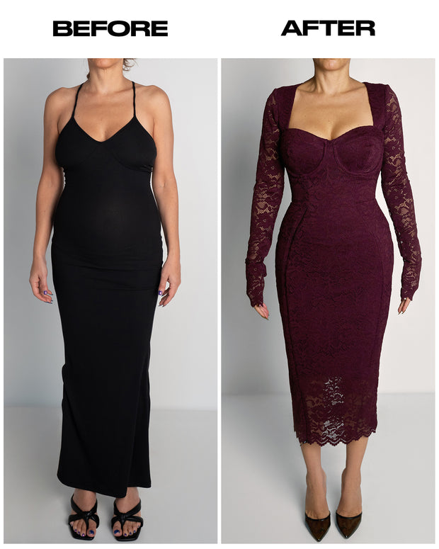 Before and after of Seamed Lushy Long Sleeve Midi Dress - Lace Garnet
