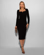 Model wears Notchy Long Sleeve Midi Dress - Black full front view
