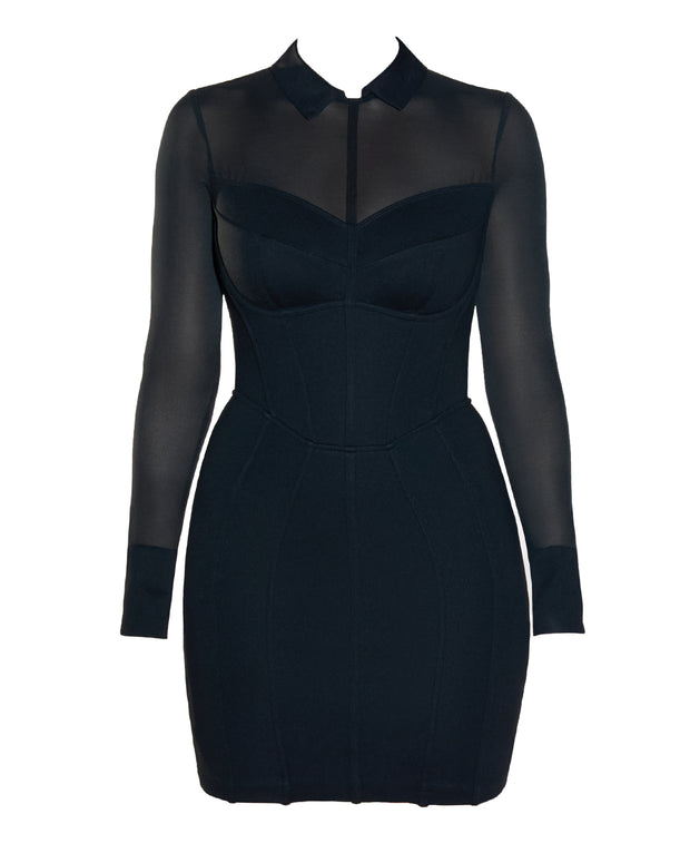 Collar Mesh Mini Dress - Black