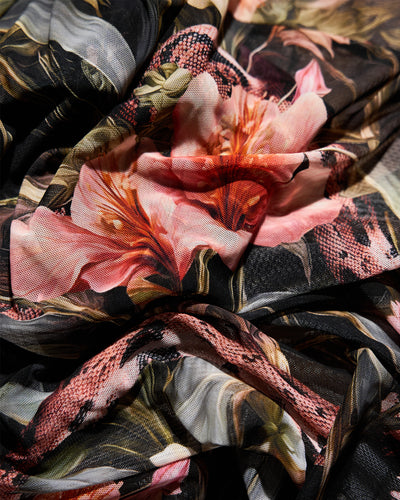 Close-up of Bombshell Maxi Shapewear Dress - Midnight Peony fabric