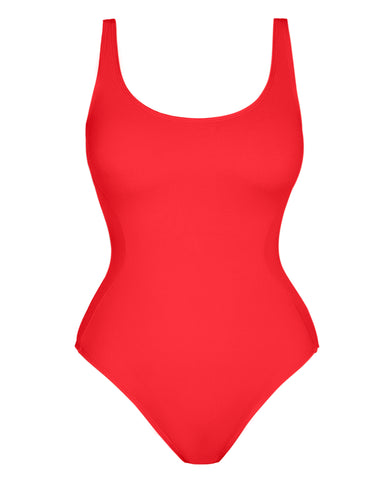 Model wears Pammy Square Neck One Piece Shapewear Swimsuit - Red back view