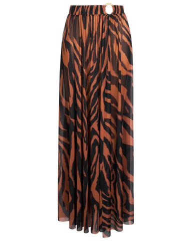 Model wears Ringy Sheer Slit Skirty - Baked Clay Zebra Cover Up Midi Skirt and one piece shapewear swimsuit back view