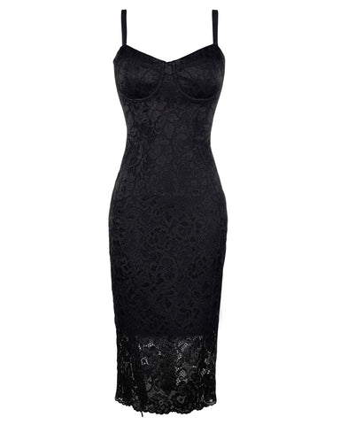 Model wears Seamed Lushy Pencil Midi Shapewear Dress - Lace Black back view