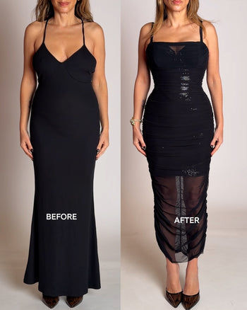 Before and after of Sweetie Mesh Column Dress - Sequin Black