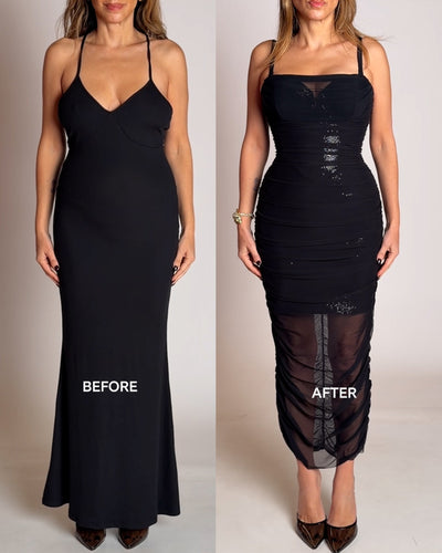 Before and after of Sweetie Mesh Column Dress - Sequin Black