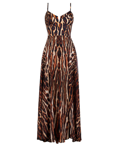 Outlined Image of Vixen Corset Front Slit Shapewear Maxi Dress - Pilates Cat Front View