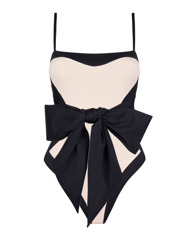 Sashy One Piece Sculpting Shapewear Swimsuit - Frame Oat/Black bow detail close up