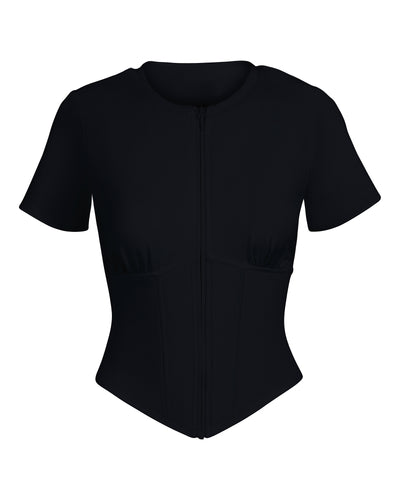 Outline image showing Short Sleeve Corsety Sculpting Shapewear Top - Black