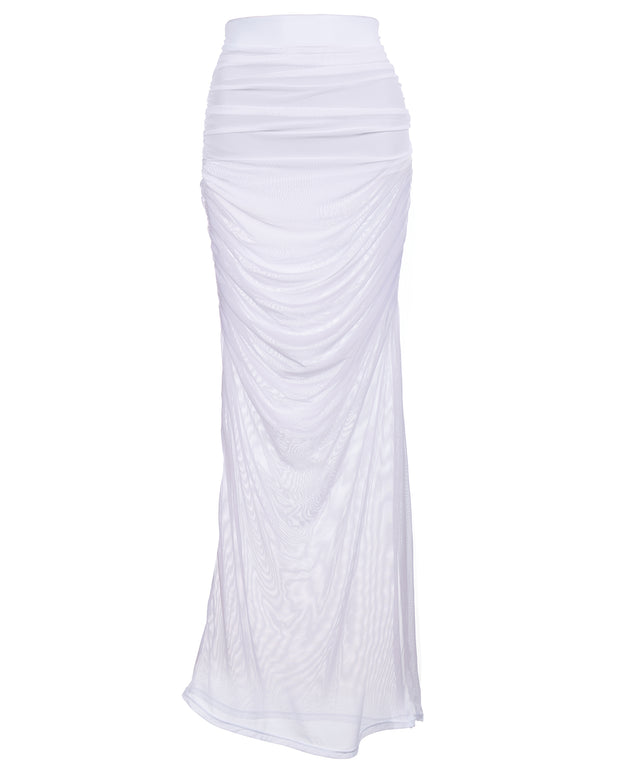 Outline image showing Ruched Sheer Side Slit Maxi Skirty - White