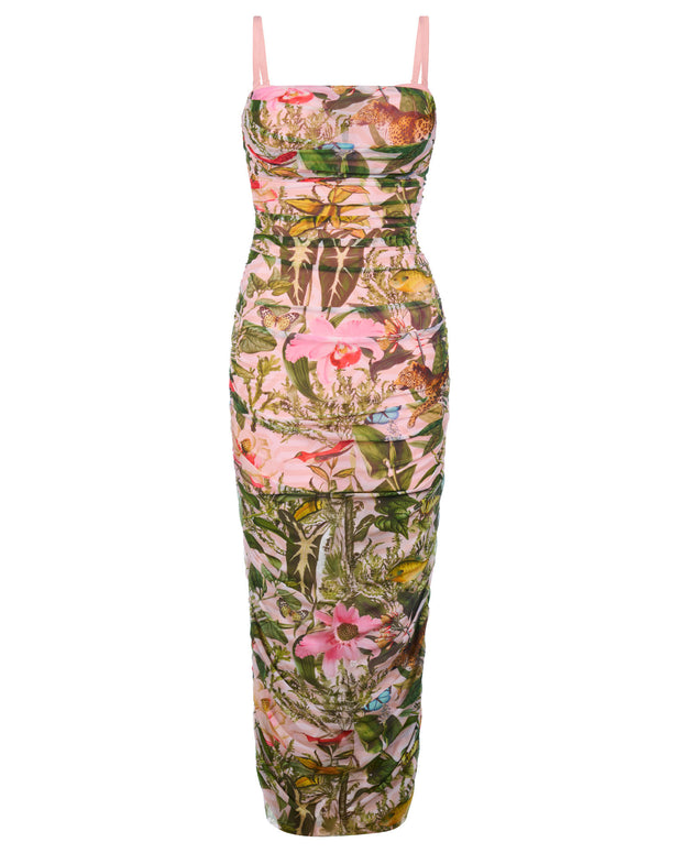Outline image showing Sweetie Mesh Column Midi Shapewear Dress - Floral Ambrosia