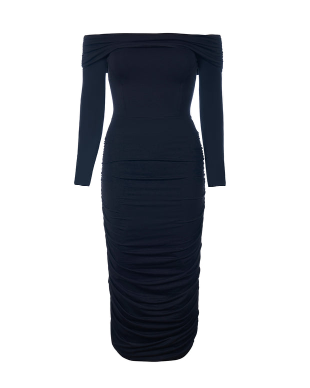 Outline image showing Shapey Off Shoulder Ruched Midi Shapewear Dress in Black