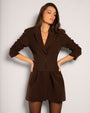Model Wears Convertible Blazer Mini Dress and Corset Belt - Espresso Front View