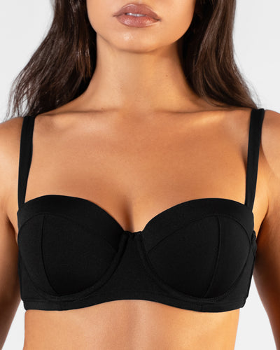 Close up image of Bombshell Bikini Top - Black on model front view