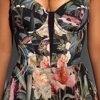 Internal construction of Seamed Lushy Midi Dress showing built-in panels designed to flatten the stomach.