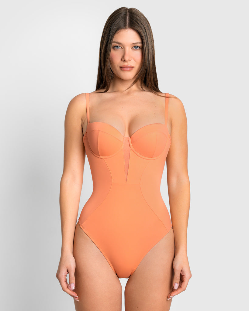Model wears Bombshell Sculpting Bra-Sized Shapewear Swimsuit - Papaya