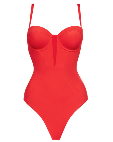 Model wears Bombshell Sculpting Bra-Sized Shapewear Swimsuit - Red back view