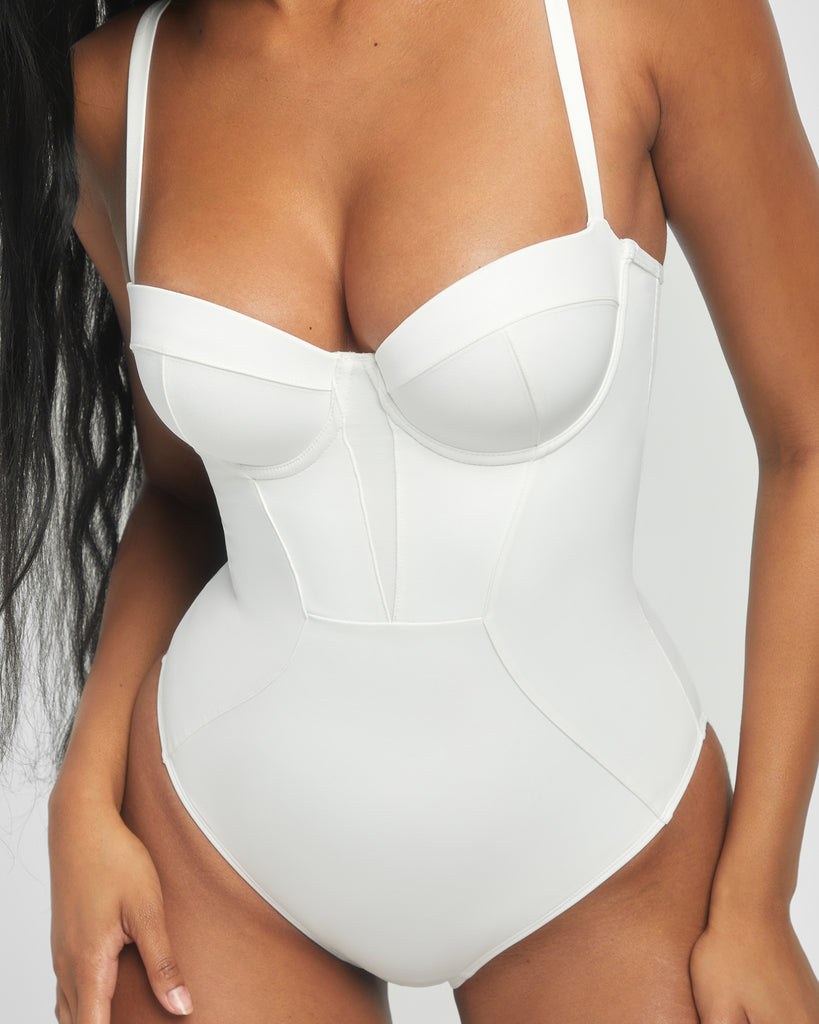 Bombshell Sculpting Bra-Sized Shapewear Swimsuit - White close up front