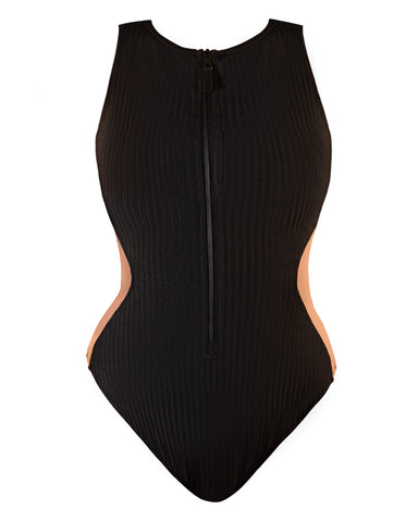 Front view of model wearing Brazilian Crewy - Contour Rib Black/Tawny zipped all the way up 