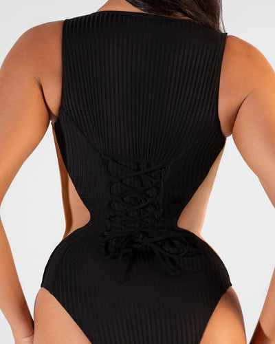 Close up shot of back view of Brazilian Crewy - Contour Rib Black/Tawny