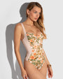 Model wears Brazilian Lifty Shapewear Swimsuit - Rose Leopard/Peach Blush side view