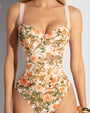 Model wears Brazilian Lifty Shapewear Swimsuit - Rose Leopard/Peach Blush front view close up