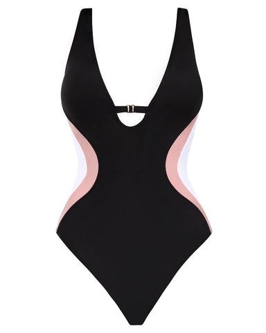 Model is wearing Brazilian Plungey Keyhole Shapewear Swimsuit - Double Contour front view