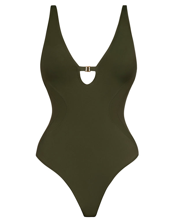 Outline image showing Brazilian Plungey Keyhole Shapewear Swimsuit - Fern Green