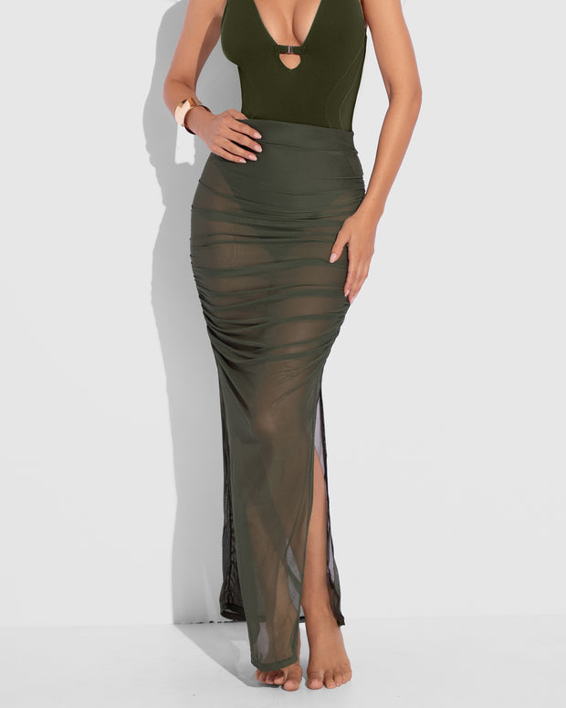 Ruched Sheer Side Slit Maxi Skirty - Fern Green close up front