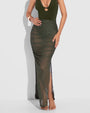 Ruched Sheer Side Slit Maxi Skirty - Fern Green close up front