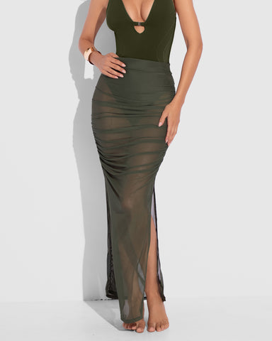 Ruched Sheer Side Slit Maxi Skirty - Fern Green close up front