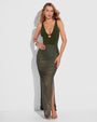 Model wears Ruched Sheer Side Slit Maxi Skirty - Fern Green with 1 piece matching color swimsuit