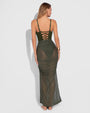Model wears Ruched Sheer Side Slit Maxi Skirty - Fern Green back view