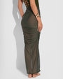 Ruched Sheer Side Slit Maxi Skirty - Fern Green side view