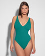 Model wears Brazilian Plungey Cheeky One Piece Shapewear Swimsuit - Teal full front view