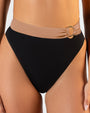 Close up of Brazilian Ring Kini Bottom - Black/Tawny on model