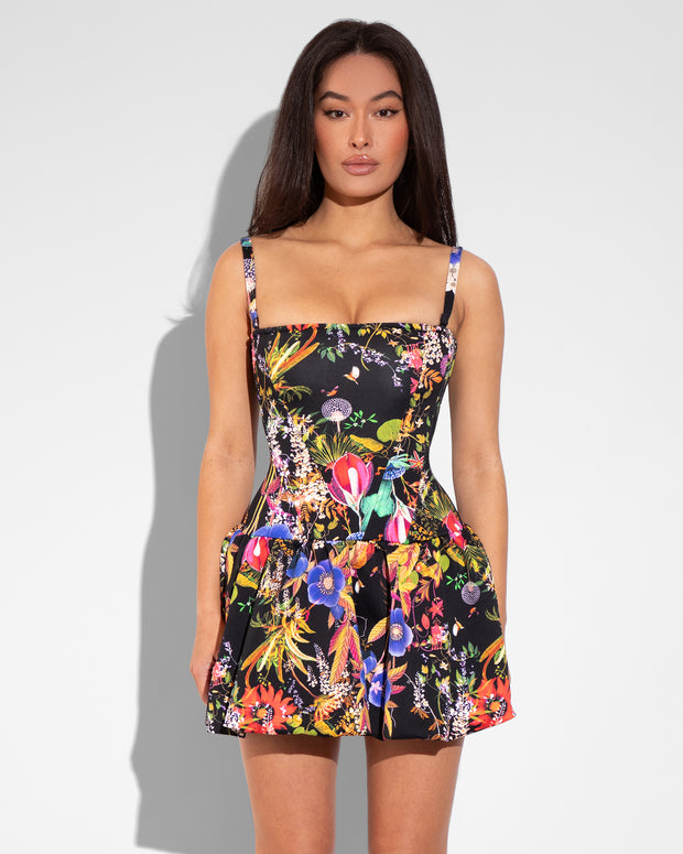 Model Wears Squarey Convertible Bubble Shapewear Mini Dress - Forest Dream Front View