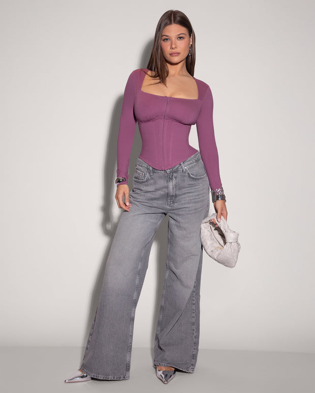 Model is posing in Corsety Square Neck Long Sleeve Sculpting Shapewear Top - Grape full front view