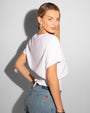 Model wears Corset Blousey Raglan Sleeve Shapewear Tee - White side view