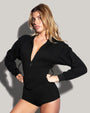 Model is posing in Corsety Long Sleeve Shapewear Hoodie - Black