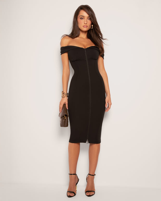 Model wears Corsety Off Shoulder Pencil Shapewear Dress - Black Full front view