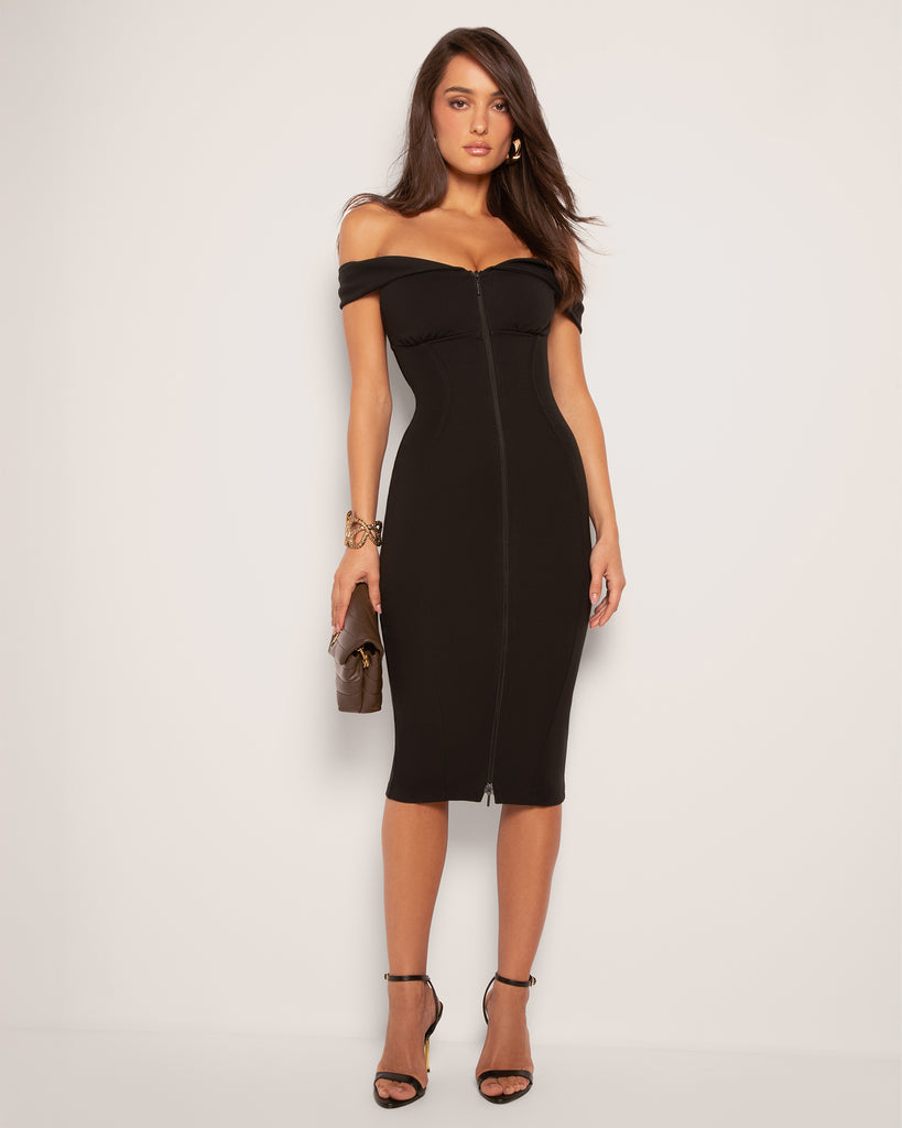 Model wears Corsety Off Shoulder Pencil Shapewear Dress - Black Full front view