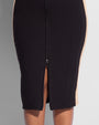 Model wears Corsety Scoop Neck Pencil Shapewear Dress - Contour Black/Sand zipper close up