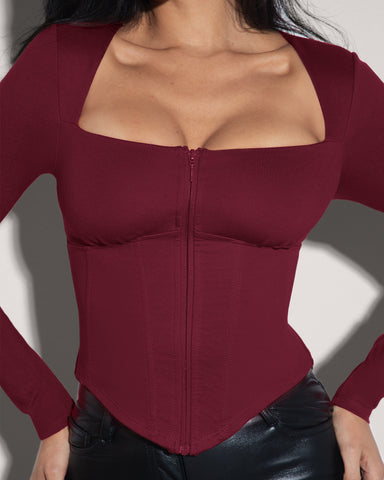 Corsety Square Neck Long Sleeve Shapewear Top - Dark Cherry close up front view