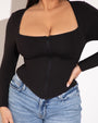 Corsety Square Neck Long Sleeve Sculpting Shapewear Top - Black front view close up