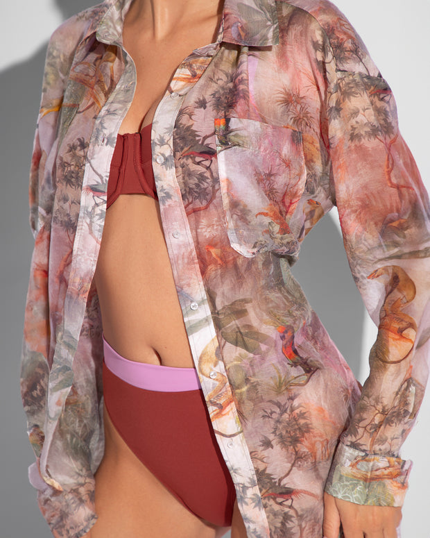 Model is posing in Flowy Oversized Collared Button Front Shirt - Cheeky Monkey close up front