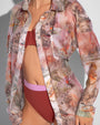 Model is posing in Flowy Oversized Collared Button Front Shirt - Cheeky Monkey close up front